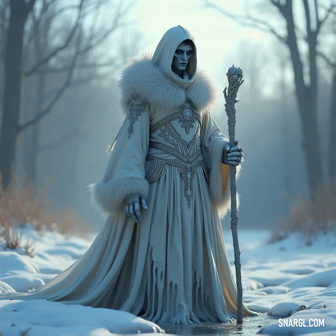 A person clad in a beautifully detailed costume, wielding a majestic staff, stands amidst a breathtaking snowy forest filled with towering trees and delicate bushes, showcasing the serene beauty of a winter landscape.