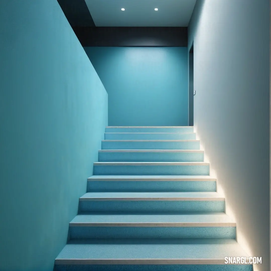 An inviting set of stairs leads gracefully upward towards a soft blue wall, elegantly lit to create a serene ambiance, suggesting a journey filled with discovery and warm moments to come.