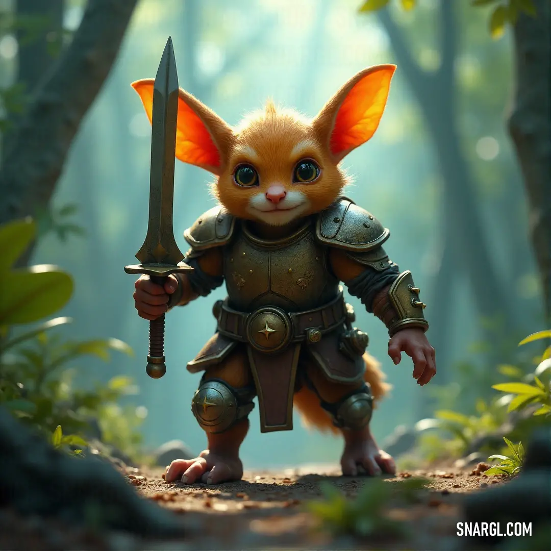 A small, courageous creature stands poised with a sword, surrounded by lush greenery and towering trees, embodying valor in a tranquil forest. The layered textures of nature accentuate the creature's adventurous spirit.