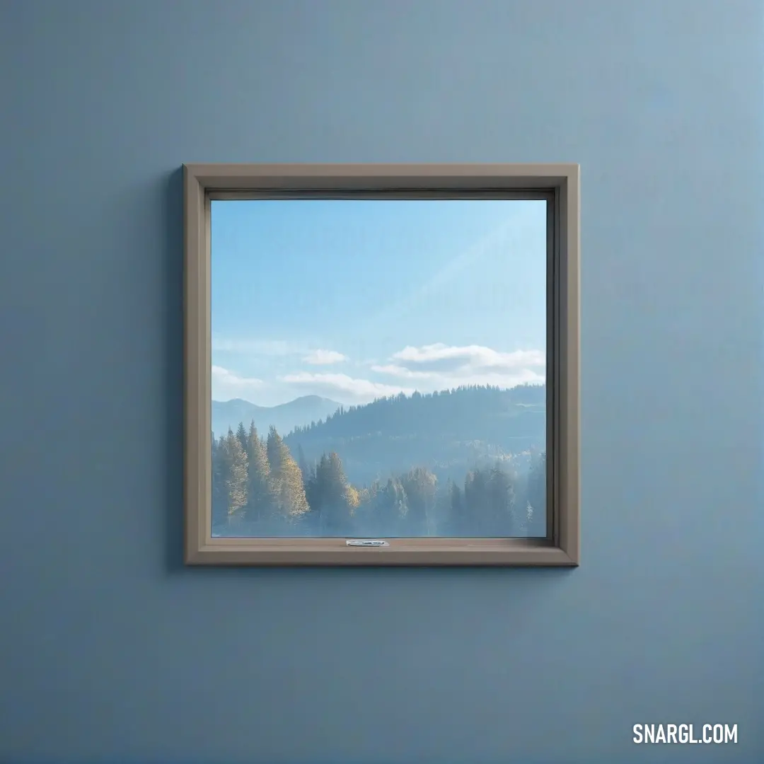 A picturesque window frames a breathtaking view of majestic mountains that rise dramatically, their peaks dusted with snow, while a gentle blue hue hints at the clear sky above, inviting tranquility into the interior space.