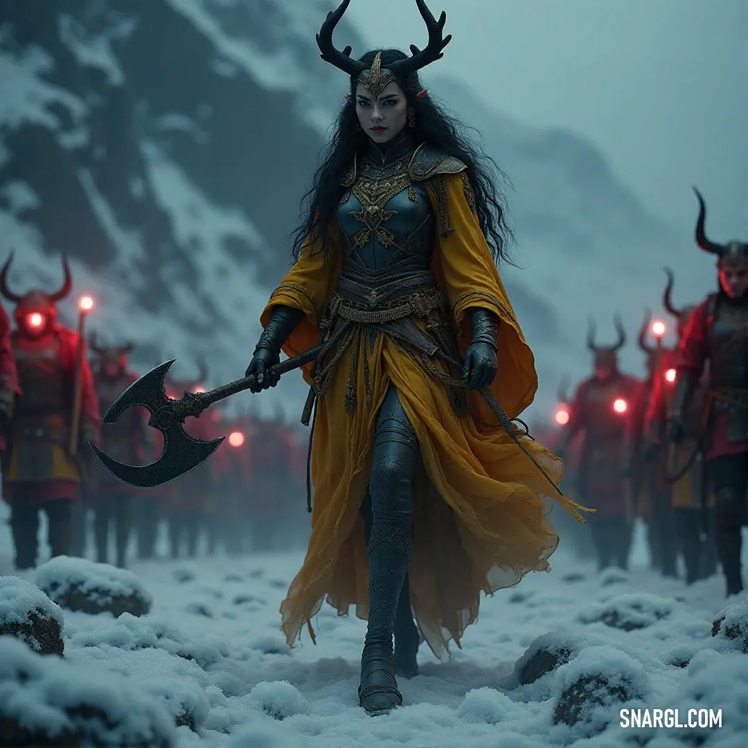 A captivating woman adorned in a vibrant costume with horns exudes confidence amid two other elegantly dressed figures. The scene bursts with color, showcasing a lively celebration filled with joy and fantasy.