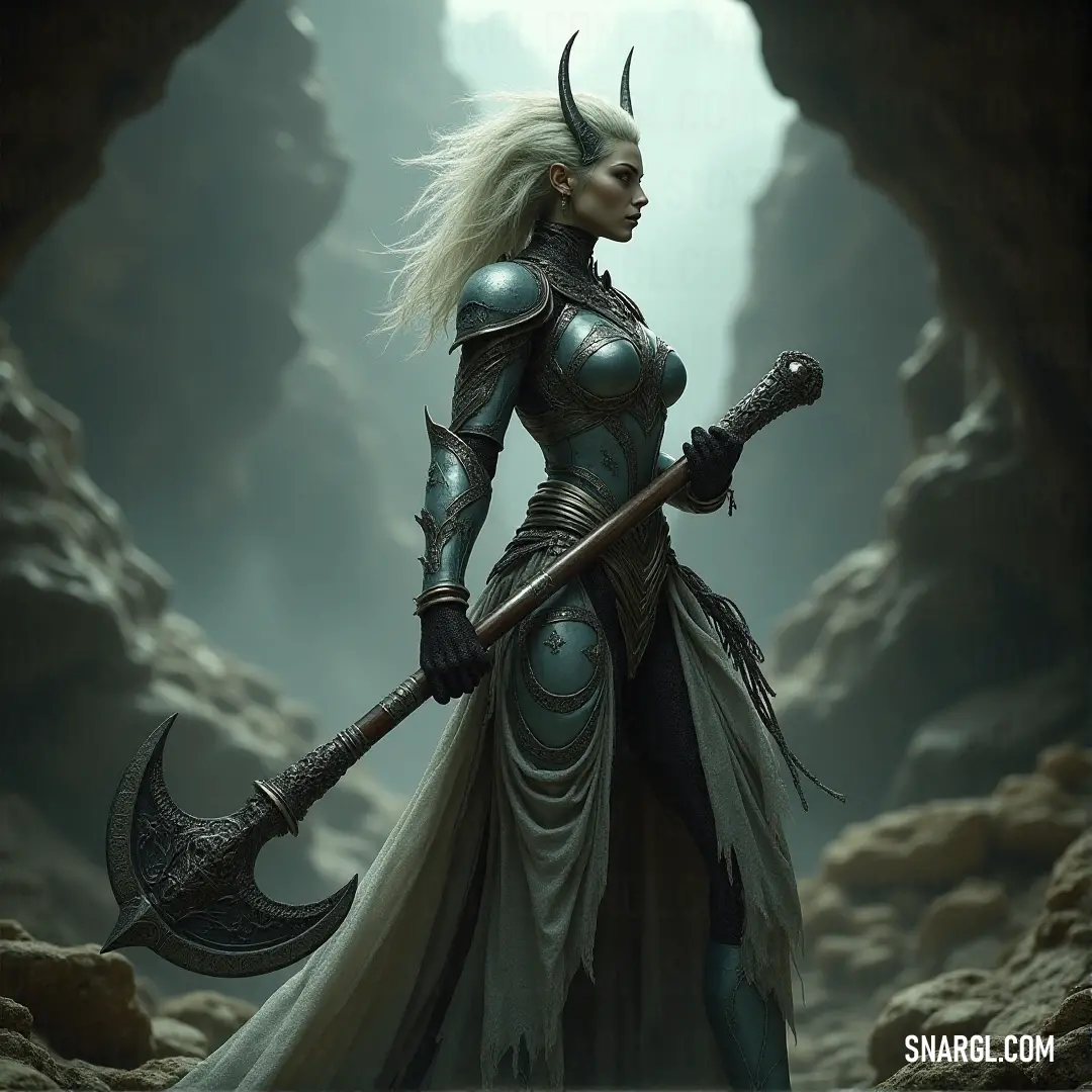 A formidable woman with a horned headdress wields a colossal axe in a mysterious cave, the rugged rock formations creating a dramatic backdrop that echoes her strength and prowess in a primal world.