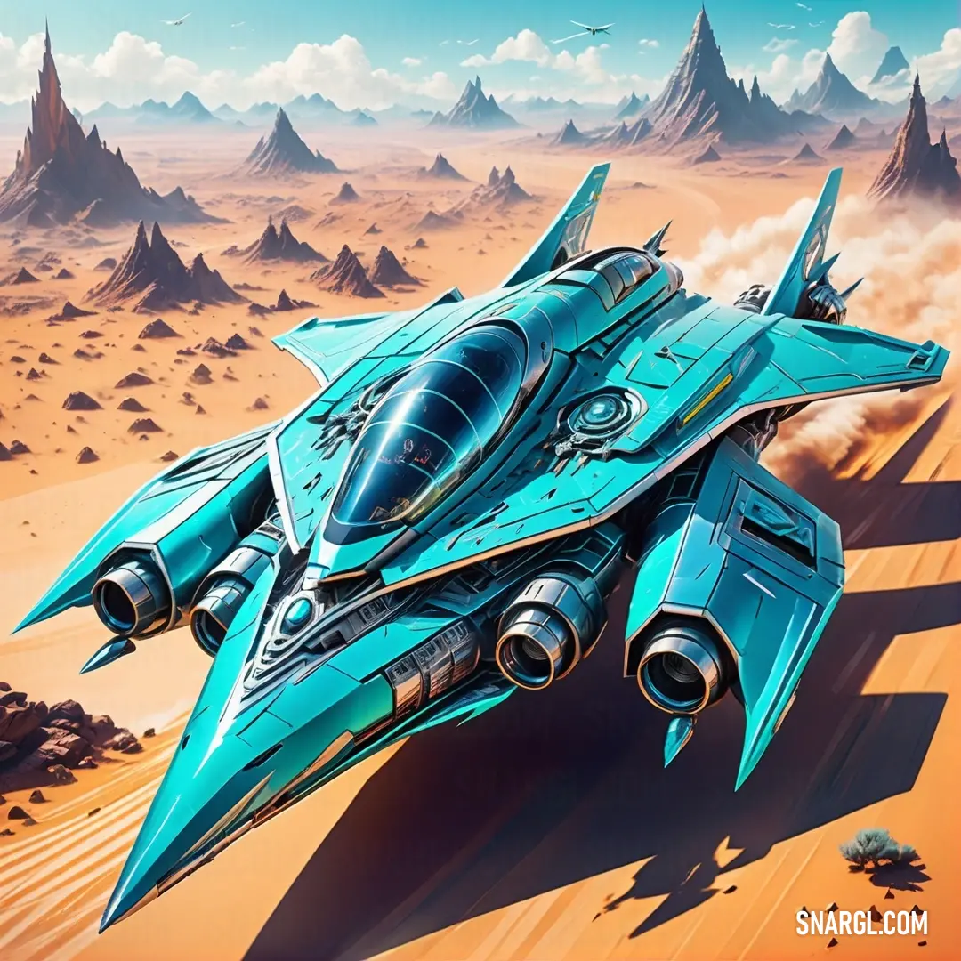 Futuristic blue fighter jet flying through a desert landscape with mountains in the background. Example of #7AD5DB color.