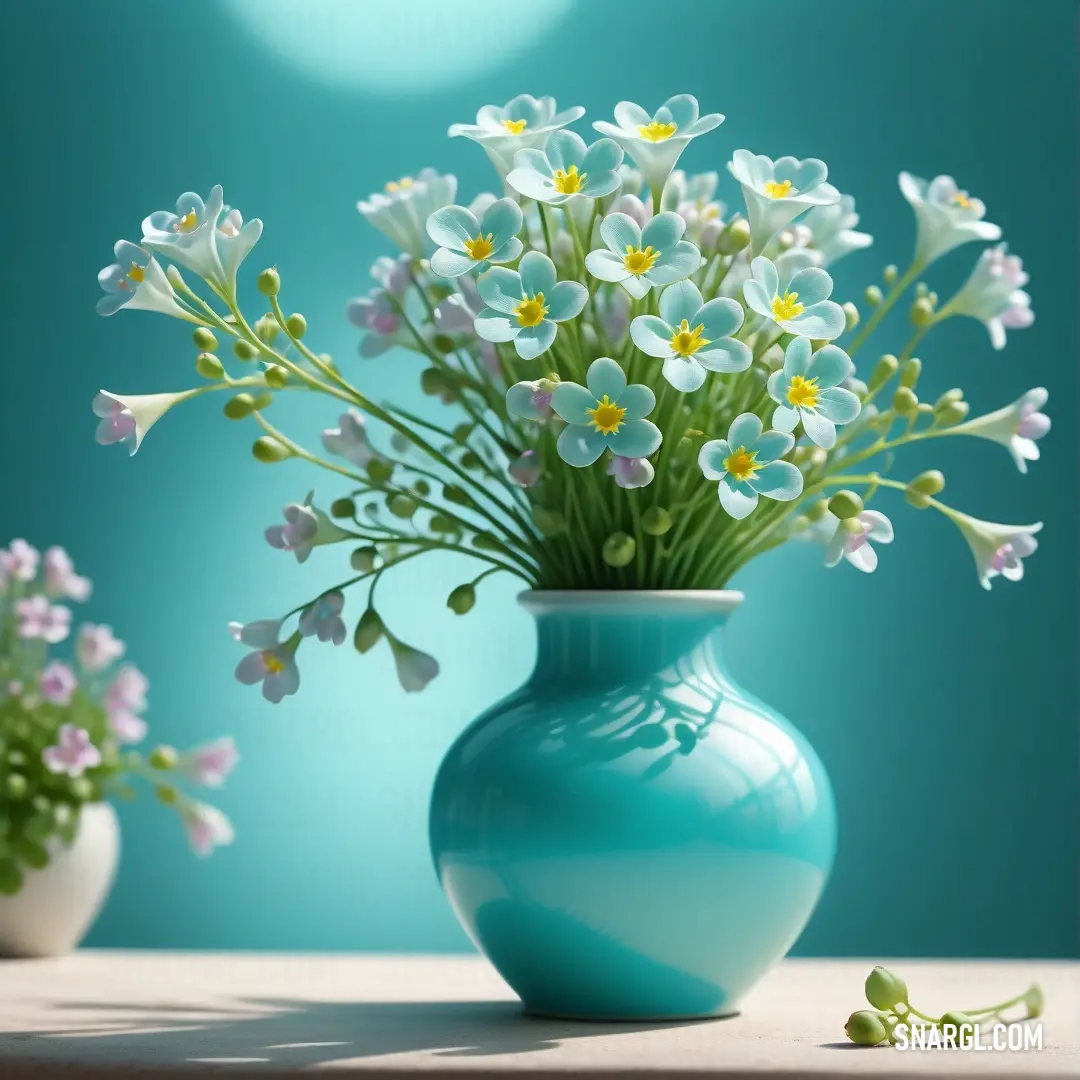 Blue vase with white flowers in it on a table next to a blue wall. Color CMYK 60,0,18,0.