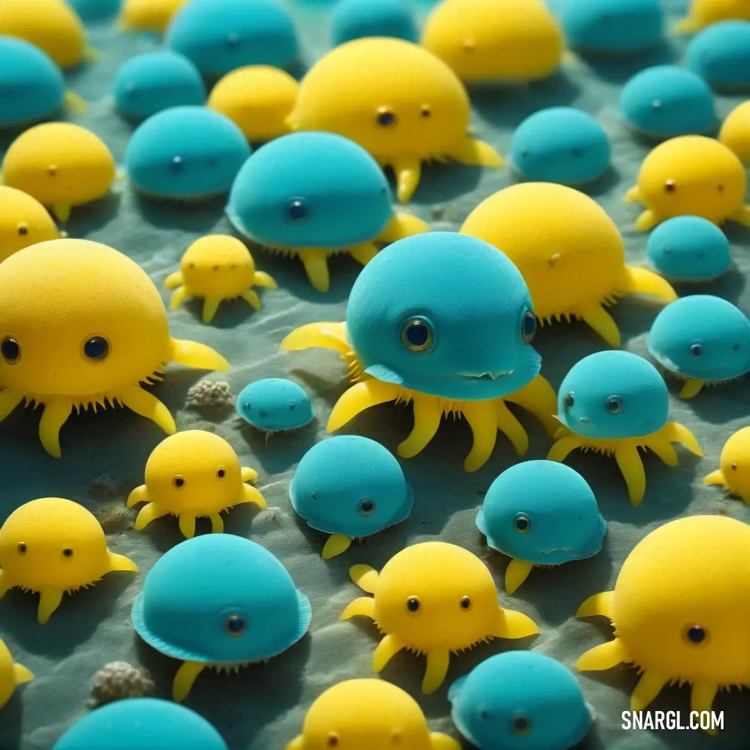 Group of blue and yellow plastic octopus toys on a table with yellow ones on it's sides. Color NCS S 1040-B20G.