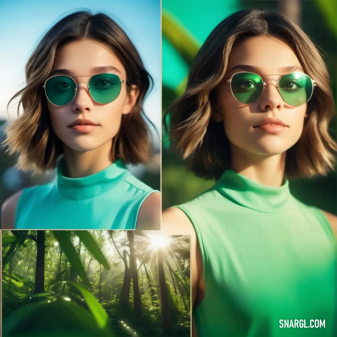 Woman wearing green sunglasses in a forest with sun shining through the lens of the photo. Color #88DDD7.