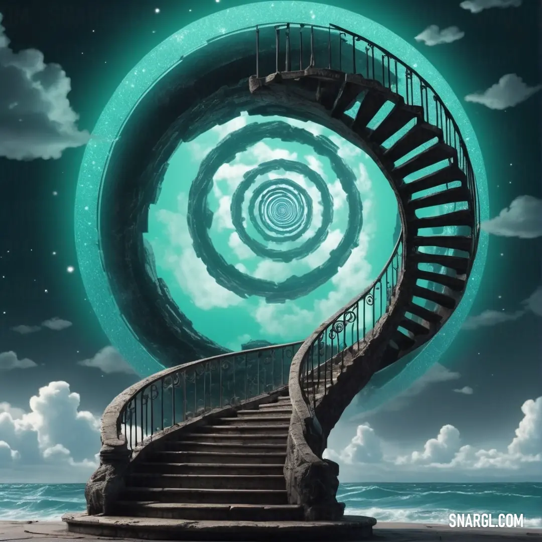 Spiral staircase going up to a sky filled with clouds and stars in the background. Color CMYK 60,0,30,0.