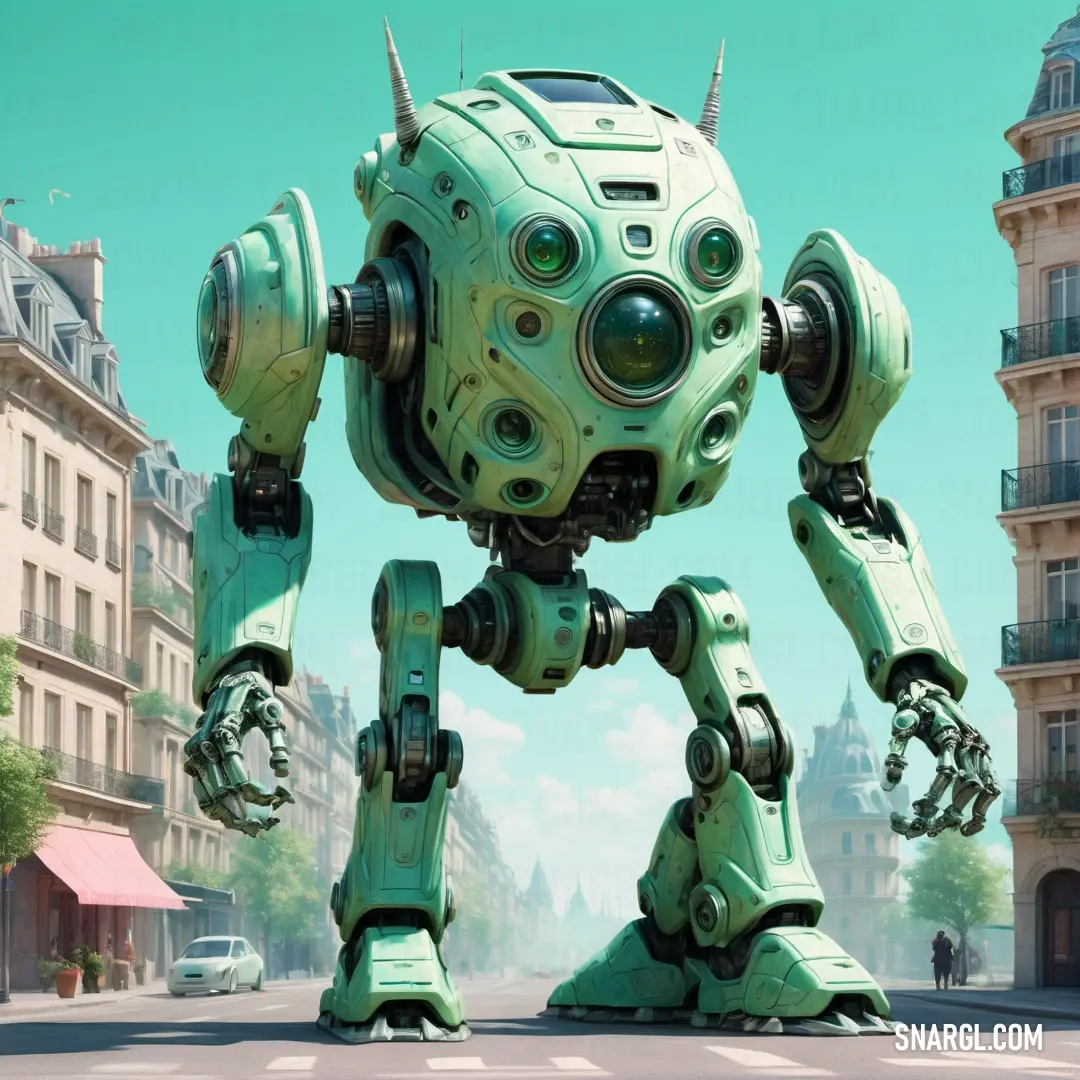 Green robot standing in the middle of a street next to a building and a car on the road. Example of #91E1C2 color.