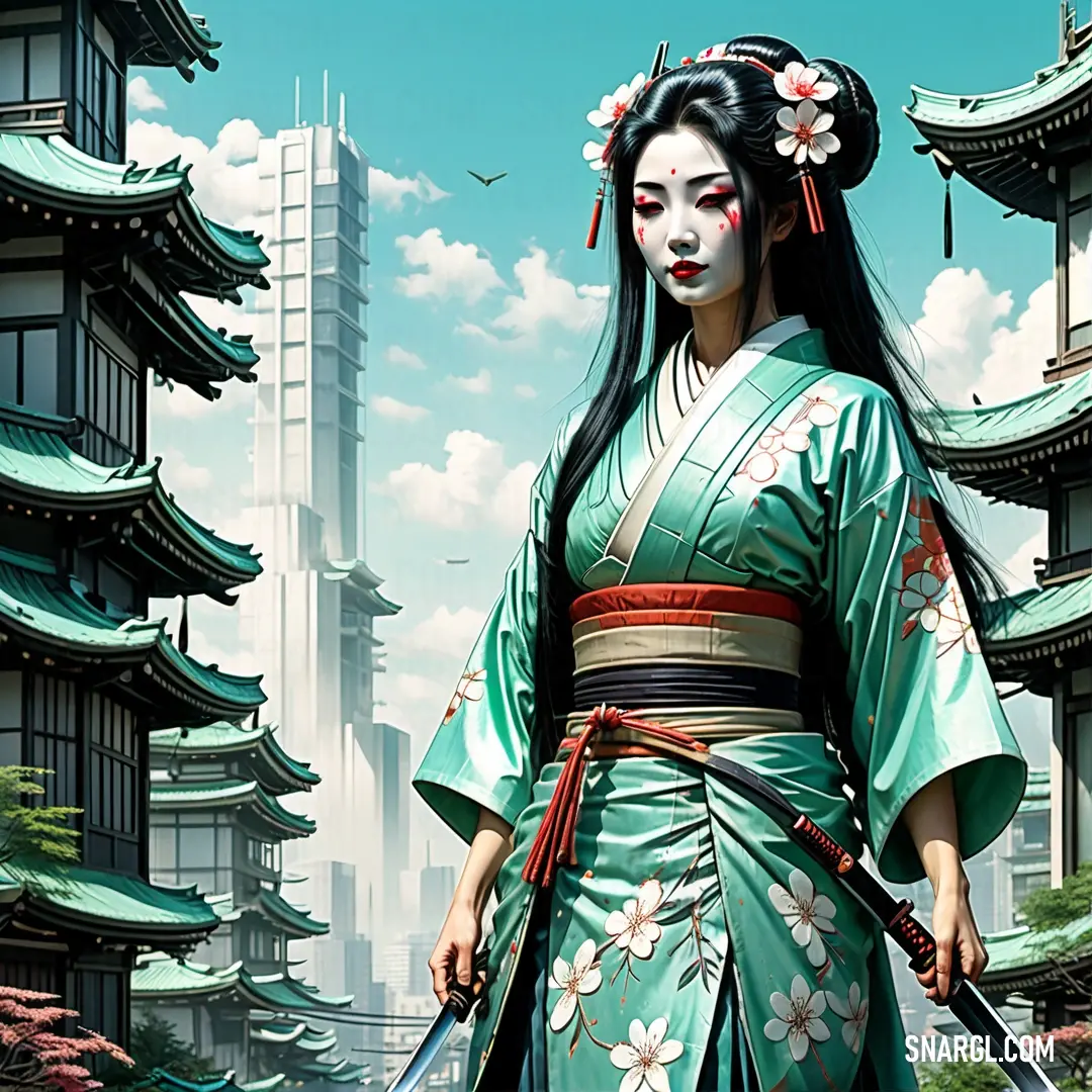 Woman in a kimono holding a sword in front of a building with a sky background. Color #91E1C2.