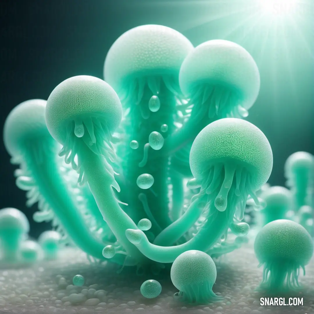 Group of jellyfish floating in a pond of water with bubbles on the surface and a bright light shining on the water