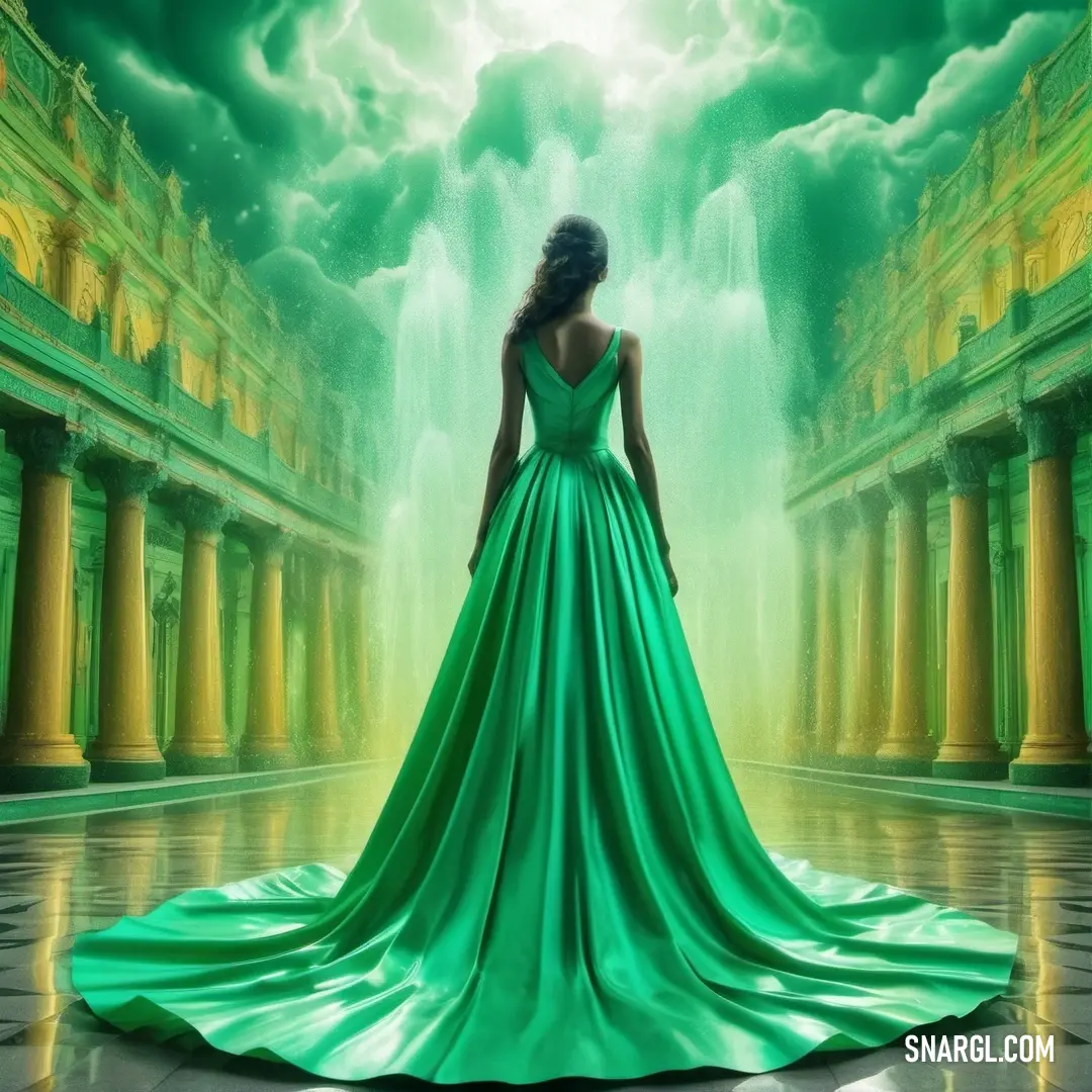 Woman in a green dress standing in a room with columns and a fountain in the background. Color NCS S 1040-B90G.