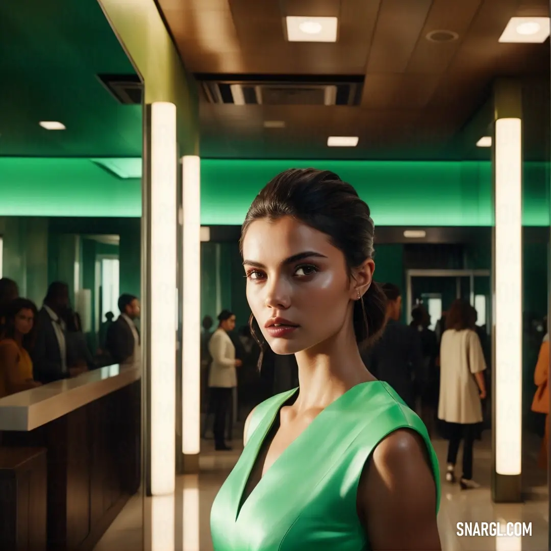 Woman in a green dress standing in a room with people in the background. Example of RGB 159,229,193 color.