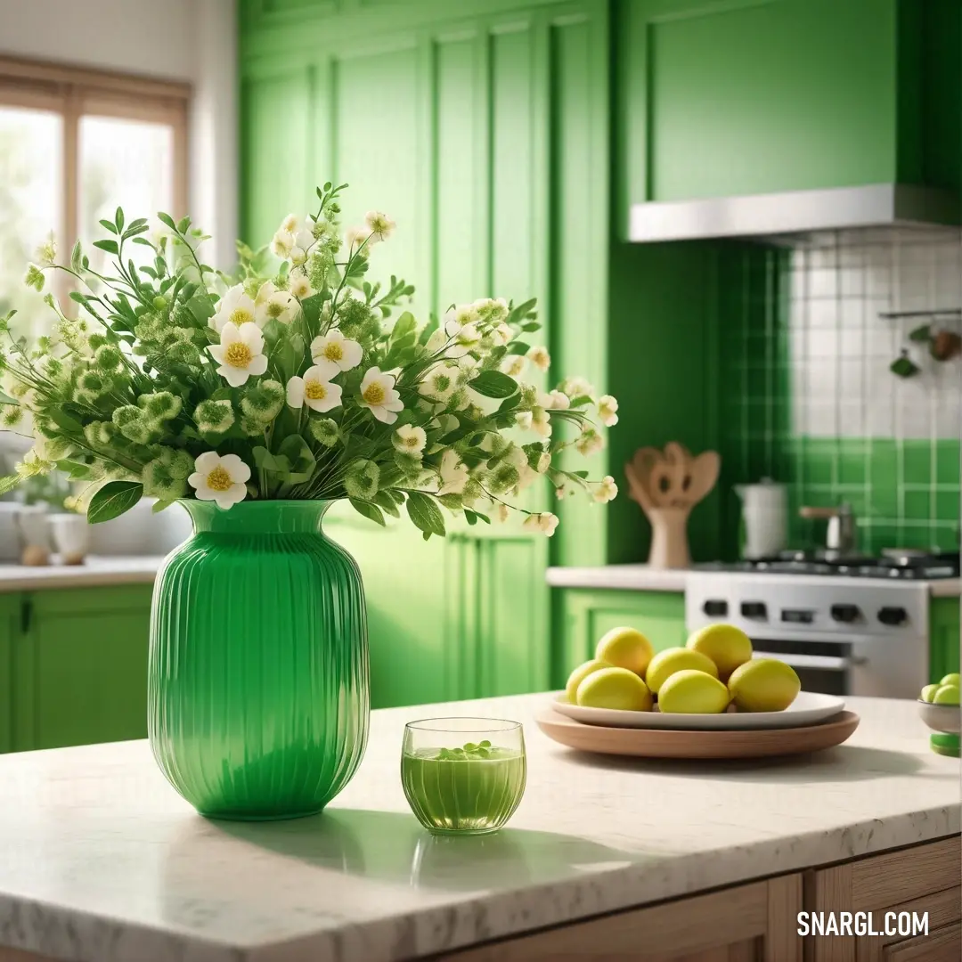 Green vase with white flowers and green apples on a kitchen countertop with a bowl of lemons. Example of RGB 183,237,169 color.