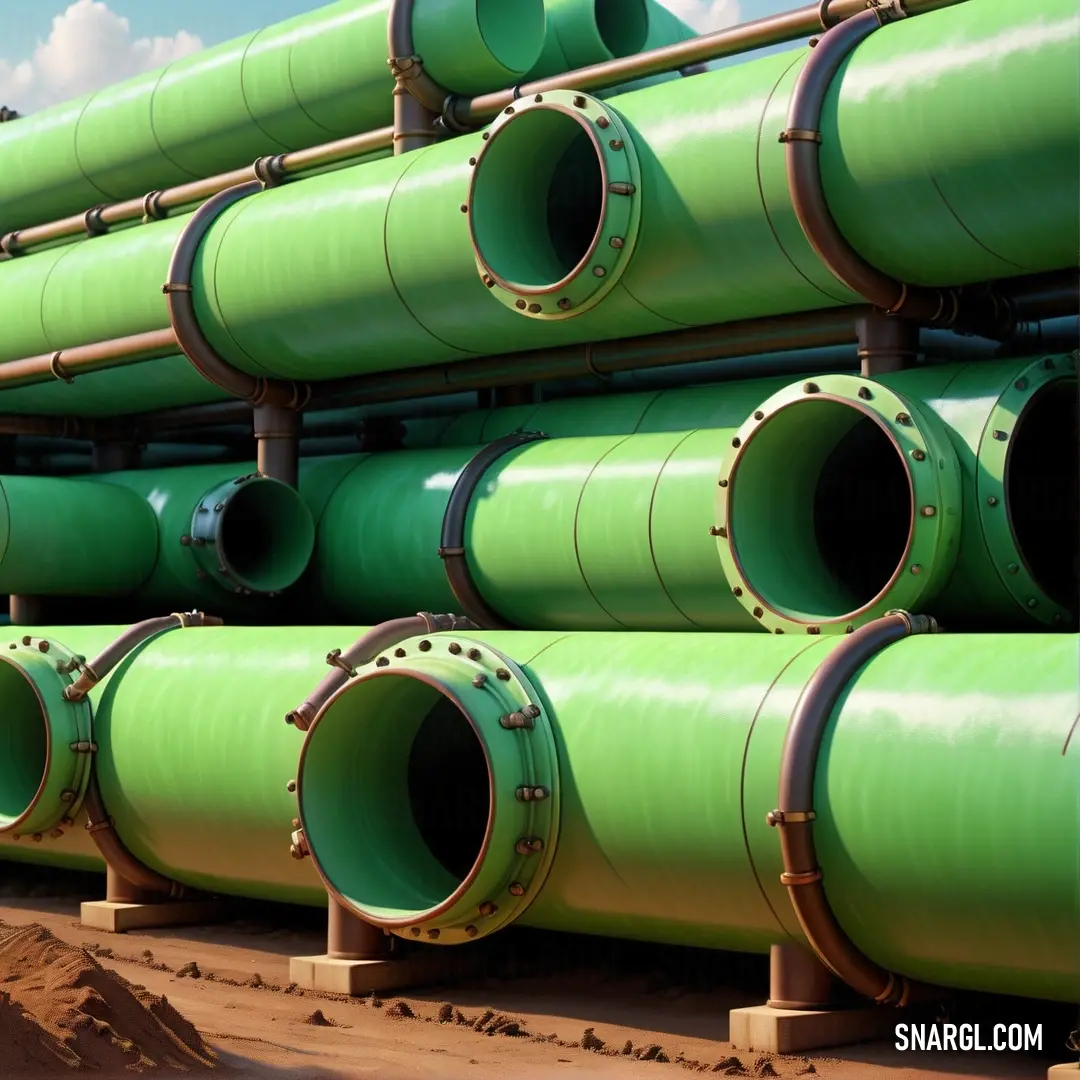 Large stack of green pipes on top of a dirt field next to a forest of trees and a blue sky. Example of CMYK 40,0,45,0 color.