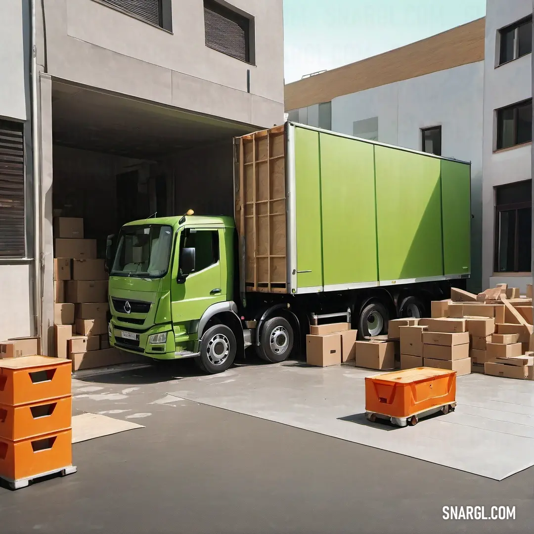 Green truck is parked in a garage with boxes on the floor and a building in the background. Color CMYK 40,0,60,0.