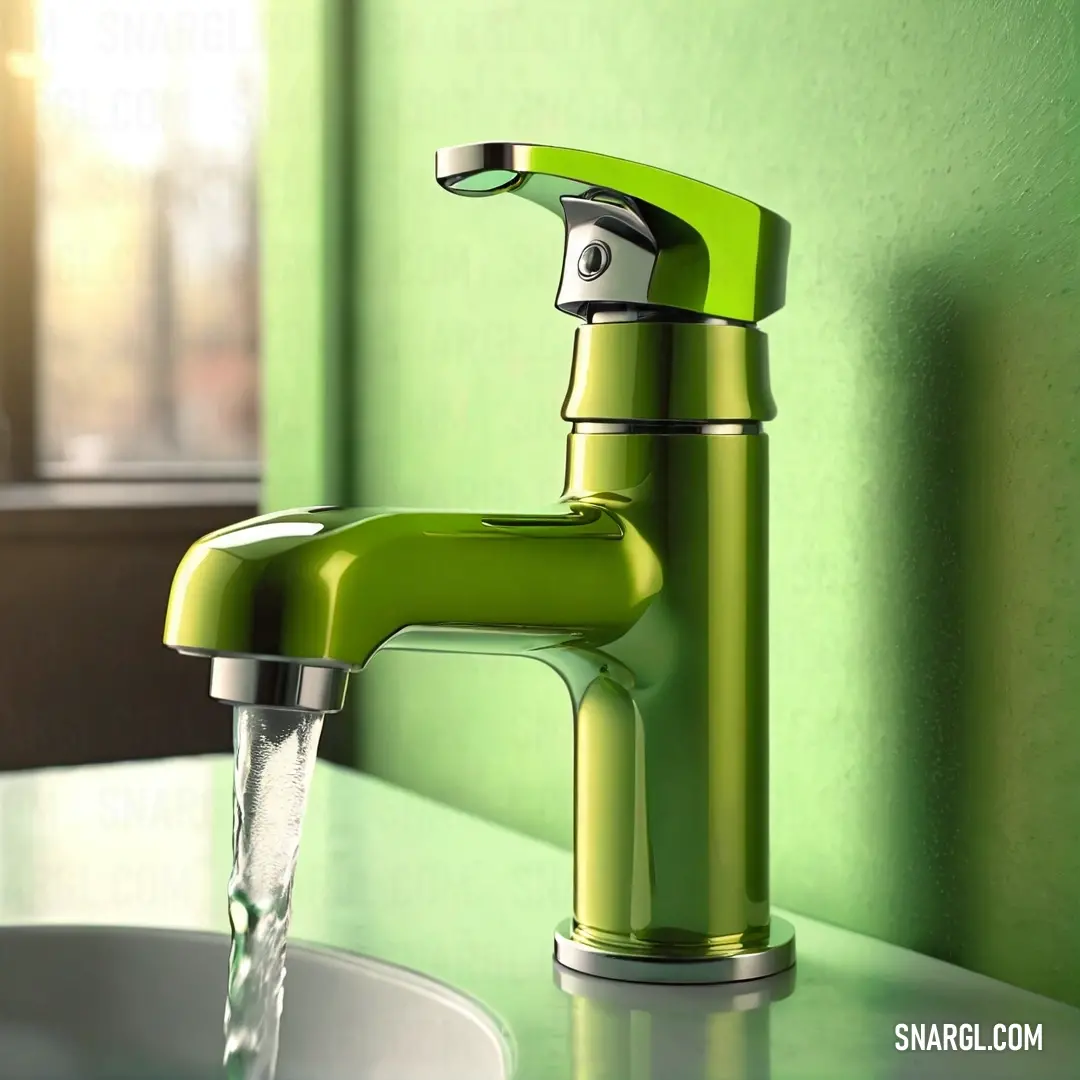 Green faucet with water running from it's side in a bathroom sink next to a window. Example of RGB 189,231,133 color.