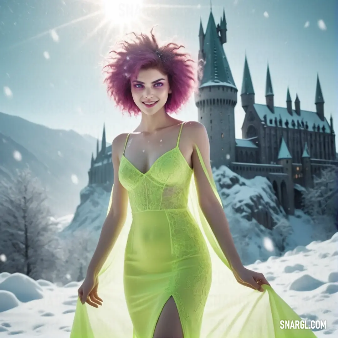 Woman with pink hair in a yellow dress in front of a castle in the snow with a bright sun. Example of CMYK 40,0,60,0 color.