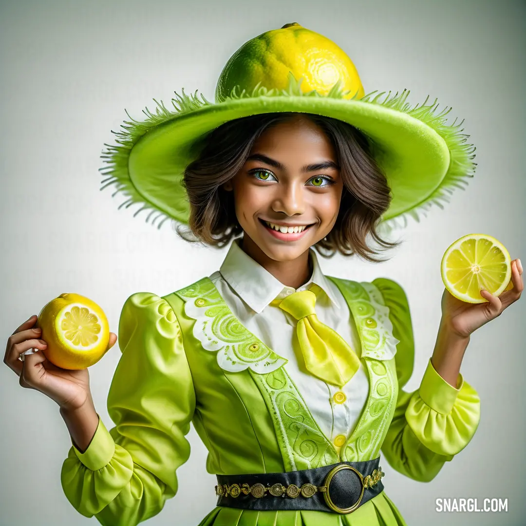 Woman in a green dress and a lime wearing a green hat and holding a lemon slice in one hand. Color CMYK 40,0,60,0.