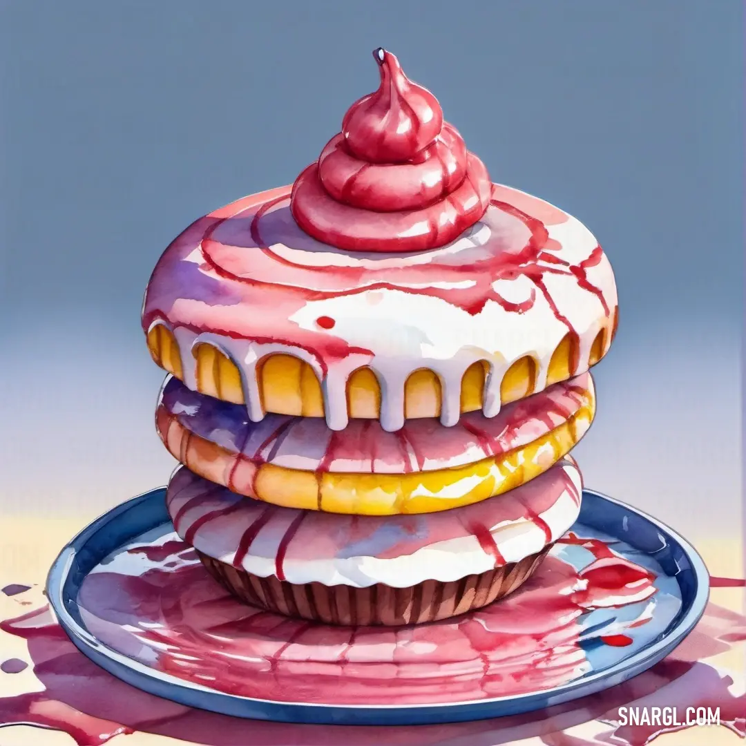Painting of a cupcake on a plate with a saucer on it and a blue background. Example of NCS S 1040-R color.
