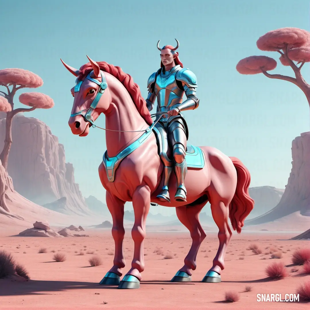 Woman riding a horse in a desert area with trees and rocks in the background. Color RGB 255,151,172.