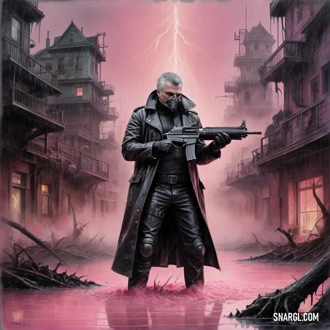 Man in a trench coat holding a gun in a city with a lightning bolt in the background. Example of CMYK 0,55,10,0 color.