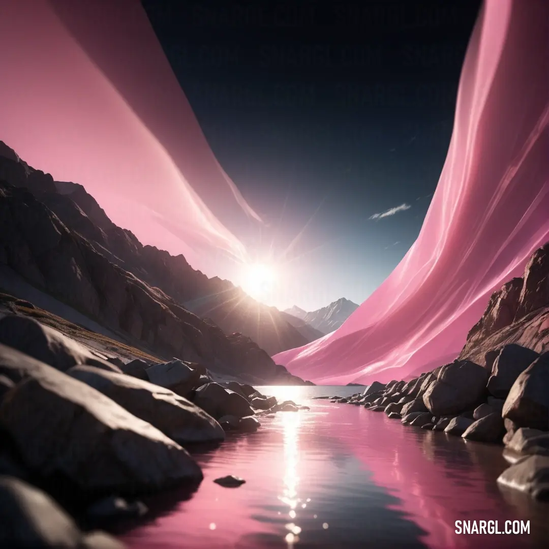 NCS S 1040-R20B color example: Pink cloth is hanging over a river in the mountains and a sun is shining in the distance behind it