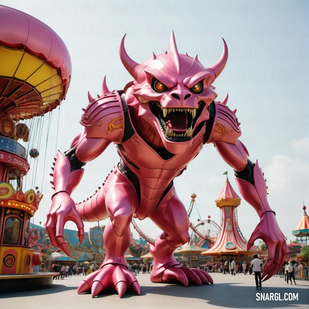 NCS S 1040-R20B color. Pink monster statue next to a carnival ride at a fairground with a ferris wheel in the background