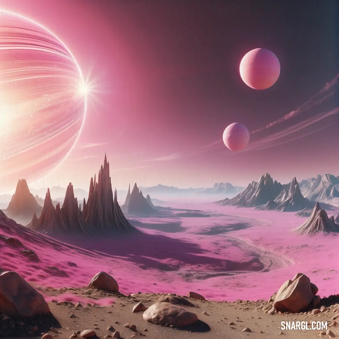 Pink planet with mountains and a star in the sky with a pink background. Color #F893B6.