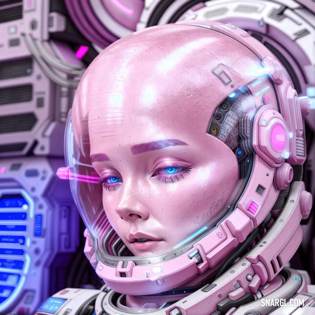 Futuristic woman with a pink helmet and a futuristic background. Example of CMYK 5,50,0,0 color.