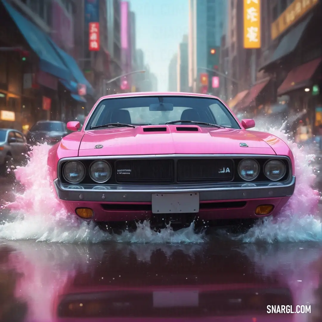 Pink car driving through a puddle of water in a city street with neon lights on the buildings and a neon sign. Color RGB 233,151,197.