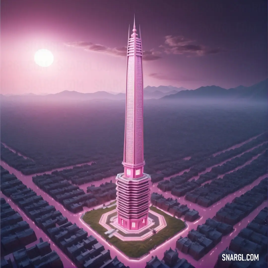 NCS S 1040-R30B color. Tall tower with a pink light on top of it in a city at night time with a full moon