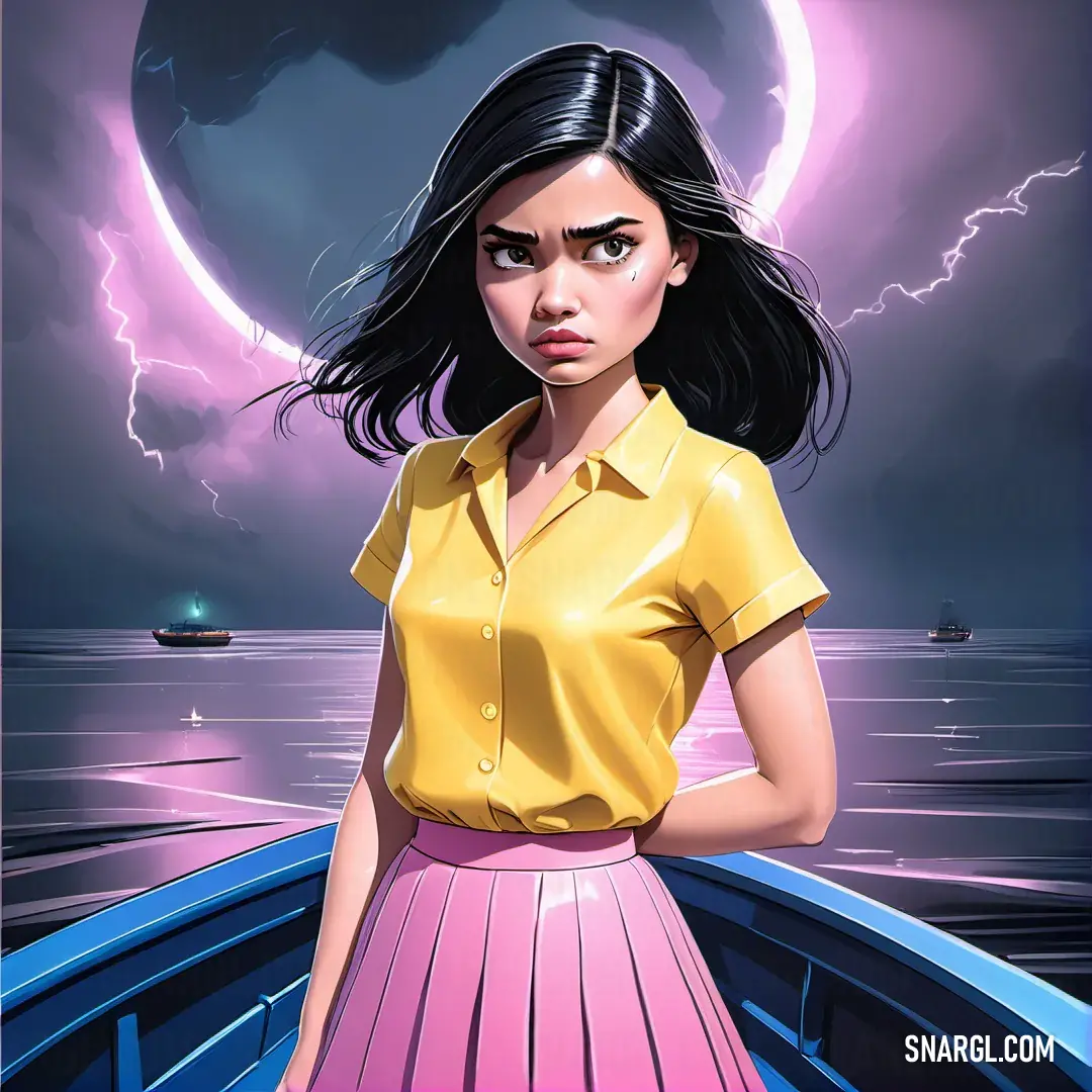 NCS S 1040-R30B color example: Woman in a yellow shirt and pink skirt standing on a boat in front of a full moon and a purple sky