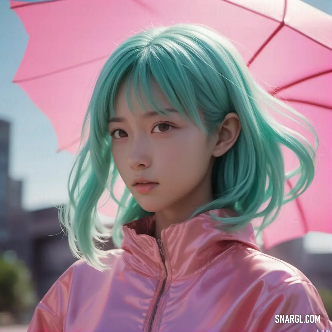 Woman with green hair and a pink jacket with an umbrella in the background. Color NCS S 1040-R40B.