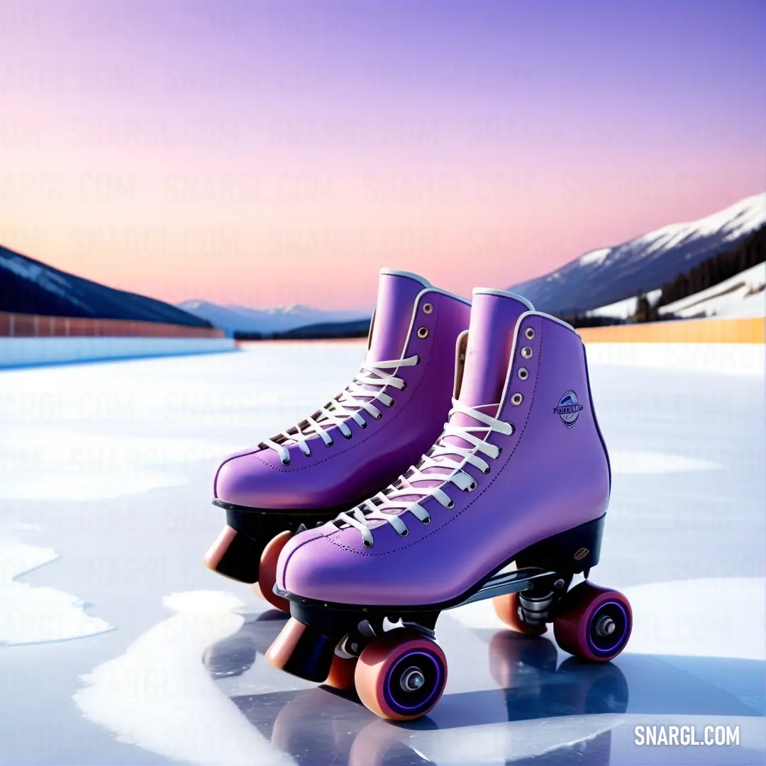 Pair of purple roller skates on a frozen surface at sunset or dawn with mountains in the background. Example of NCS S 1040-R50B color.