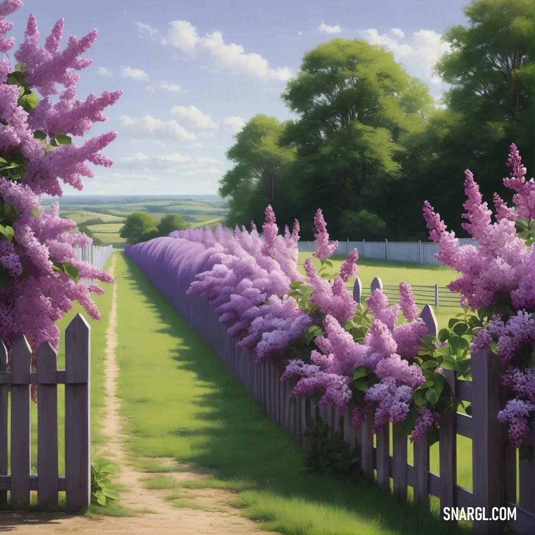 Painting of a fence with purple flowers in the foreground. Color CMYK 22,40,0,0.