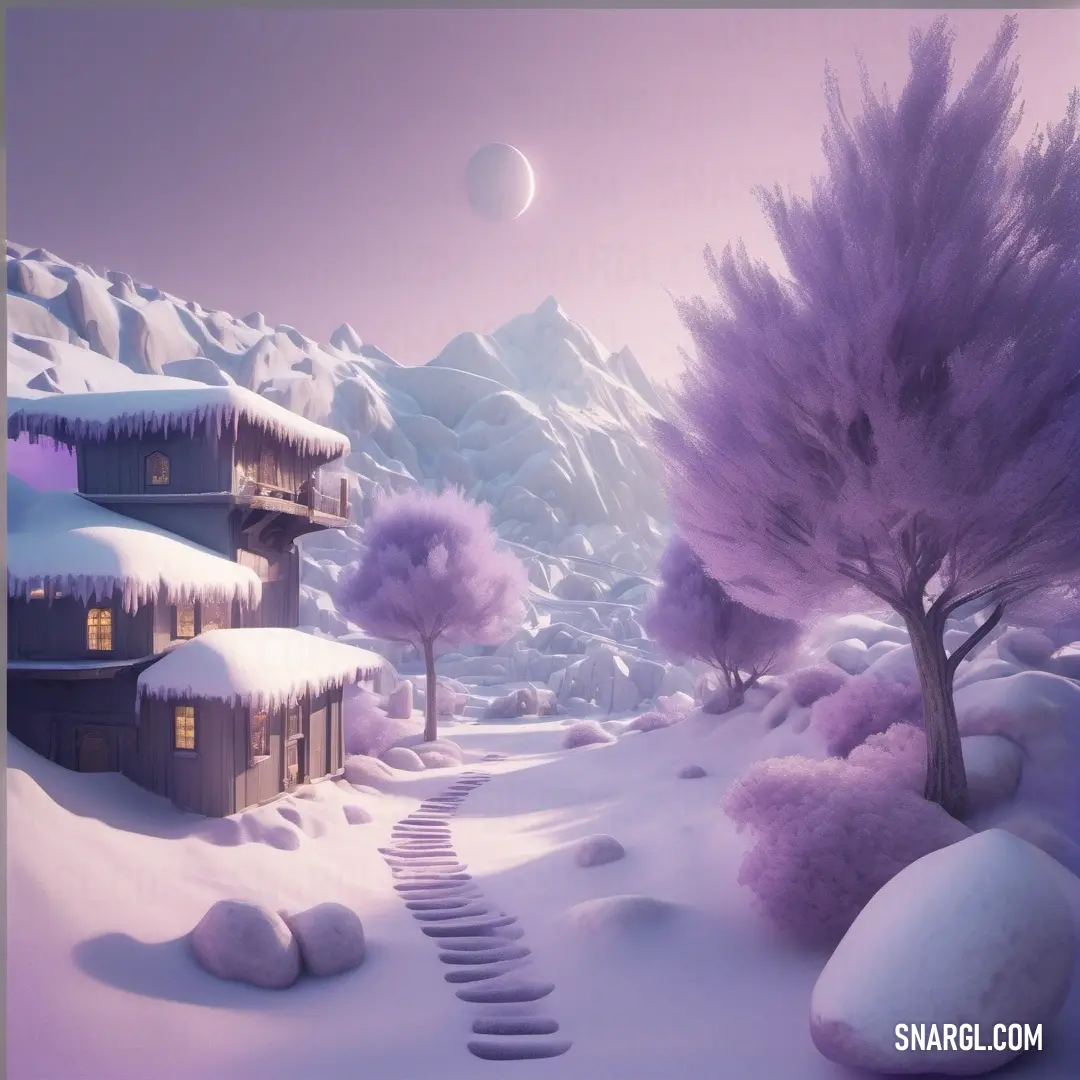 Snowy landscape with a house and trees in the foreground. Example of #DDAAE7 color.