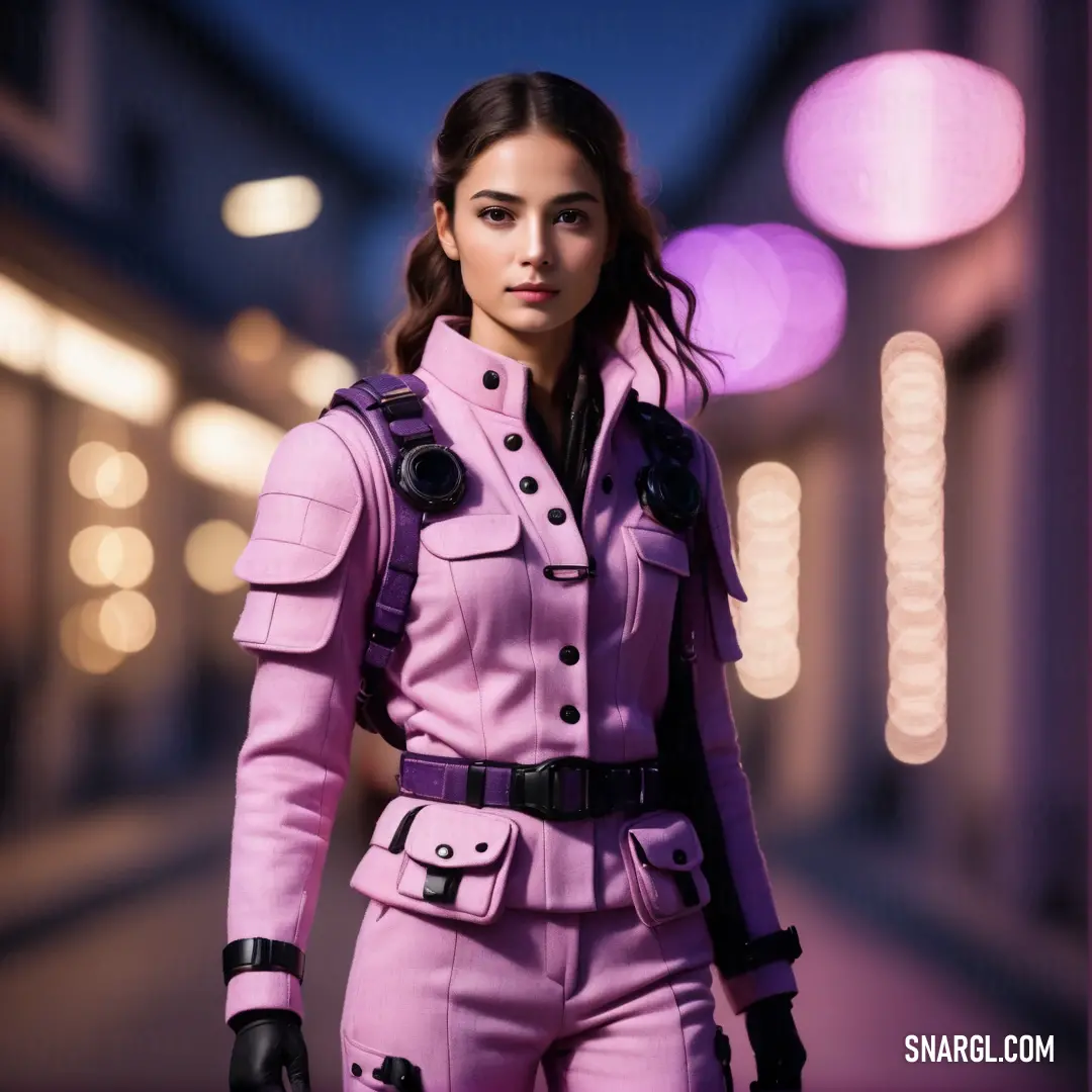 Woman in a pink suit and black gloves standing in a street at night with lights in the background. Example of CMYK 22,40,0,0 color.