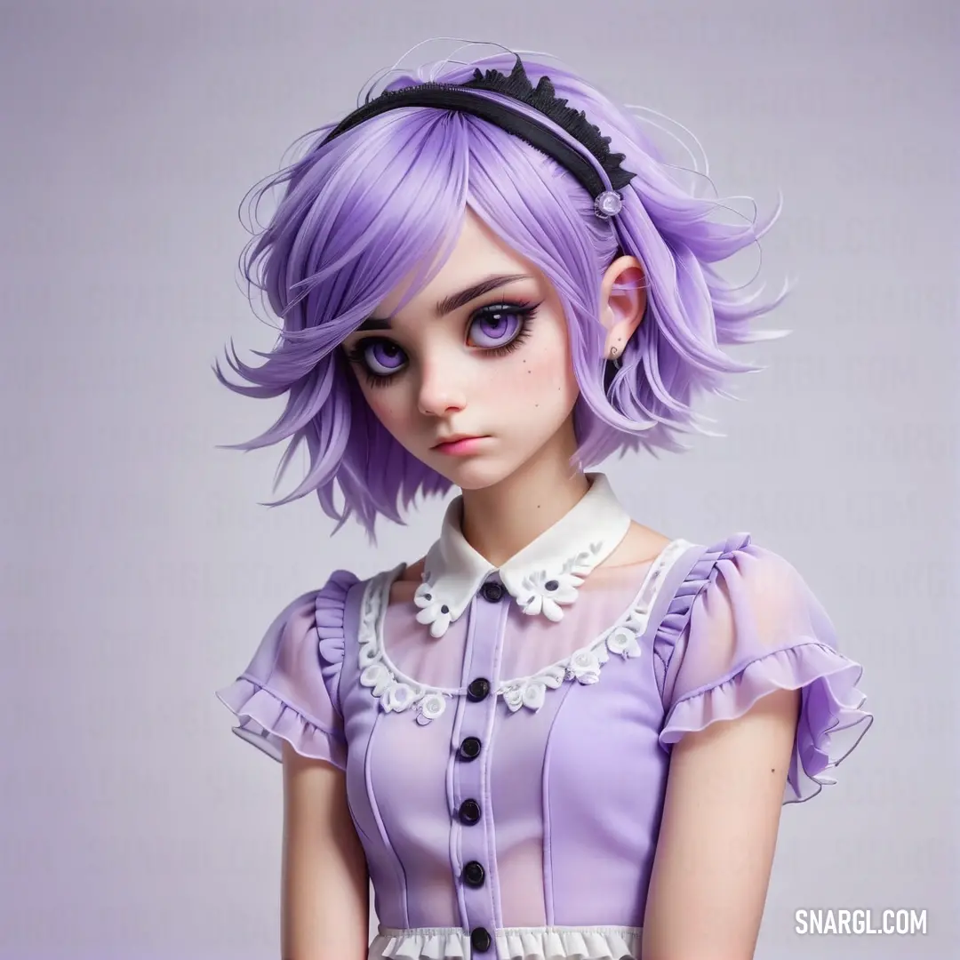 NCS S 1040-R60B color example: Doll with purple hair and a white collared shirt on a purple background