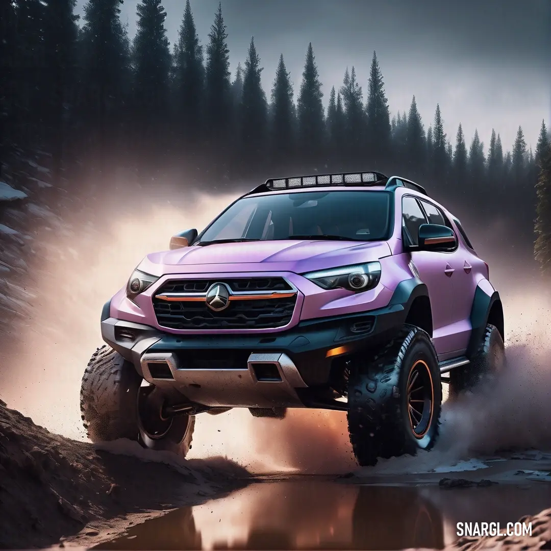 NCS S 1040-R60B color. Pink truck driving through a forest filled with trees and mud on a dirt road with fog coming off the ground