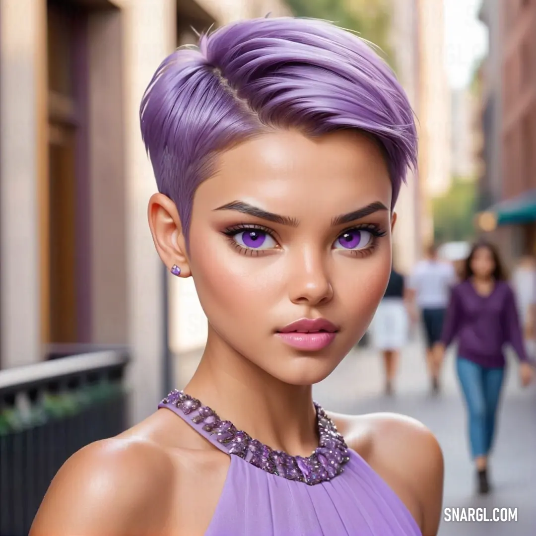 Woman with purple hair and a necklace on a city street with people walking by her on a sunny day. Color RGB 198,175,232.