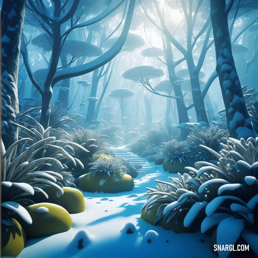 Painting of a forest with snow and trees and plants and mushrooms in the background. Color RGB 136,195,226.