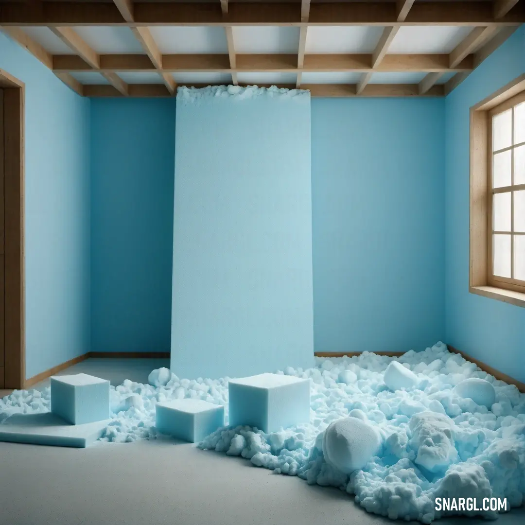 Room with a lot of foam on the floor and a window in the corner of the room with a curtain. Example of NCS S 1040-R90B color.