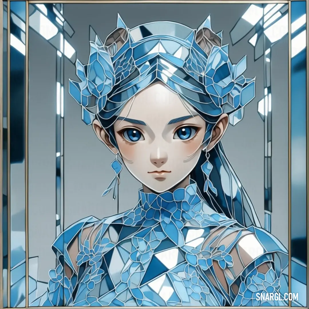 NCS S 1040-R90B color. Woman with blue eyes and a blue dress with a blue headpiece and a gold frame around her