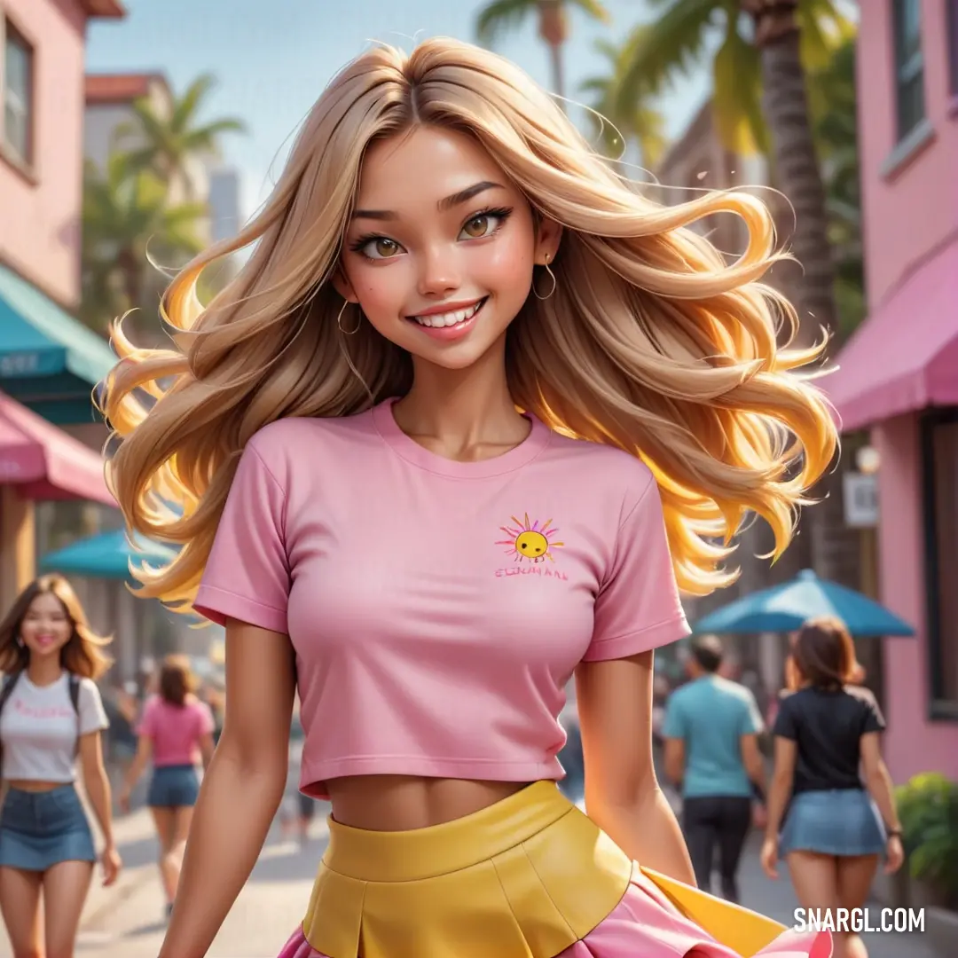 Cartoon girl with blonde hair and a pink shirt and yellow skirt is walking down the street. Color RGB 249,221,128.