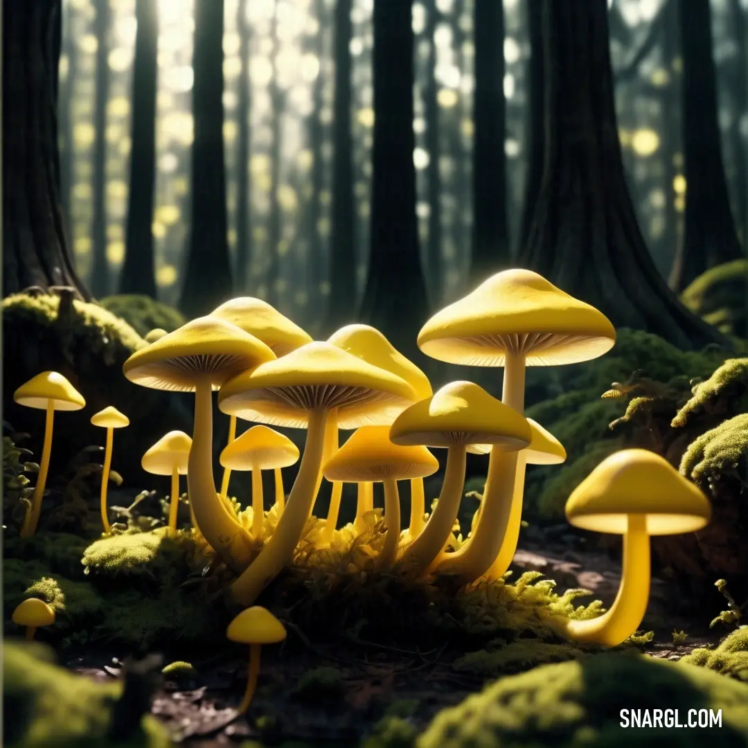 Group of mushrooms in a forest with mossy ground and trees in the background. Color RGB 249,221,128.