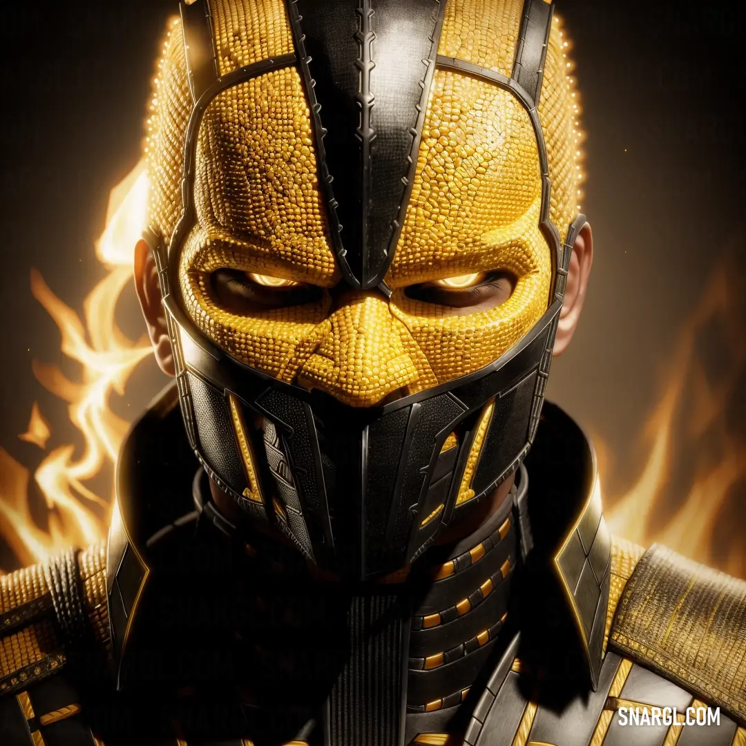 Man in a yellow and black mask with flames around his face and eyes. Example of CMYK 0,10,60,2 color.