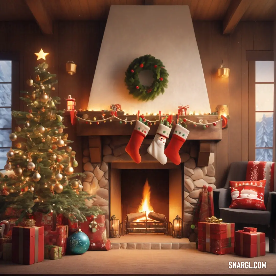 Christmas tree and stockings in front of a fireplace with a wreath and wreath on it's mantle. Color NCS S 1040-Y20R.