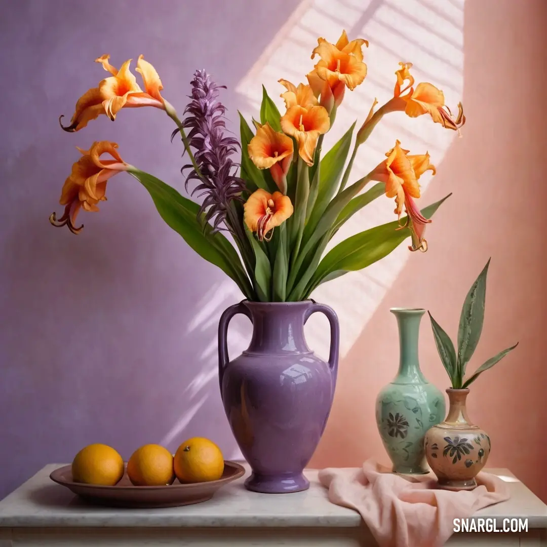 Painting of flowers and fruit on a table with a purple wall behind it and a purple vase with orange flowers. Color RGB 255,192,94.