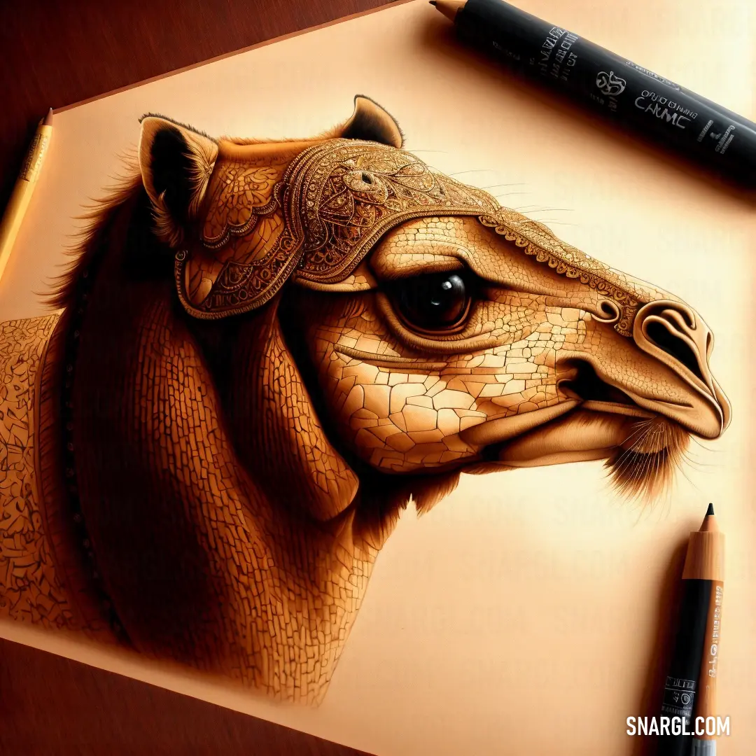 NCS S 1040-Y30R color example: Drawing of a camel with a hat on it's head and a pencil in front of it