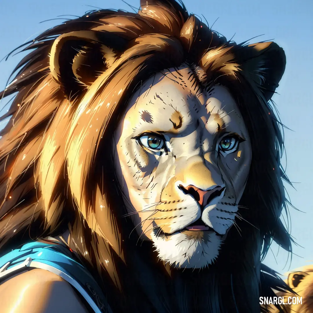 Lion with blue eyes and a mane is shown in this picture. Color CMYK 0,34,61,0.